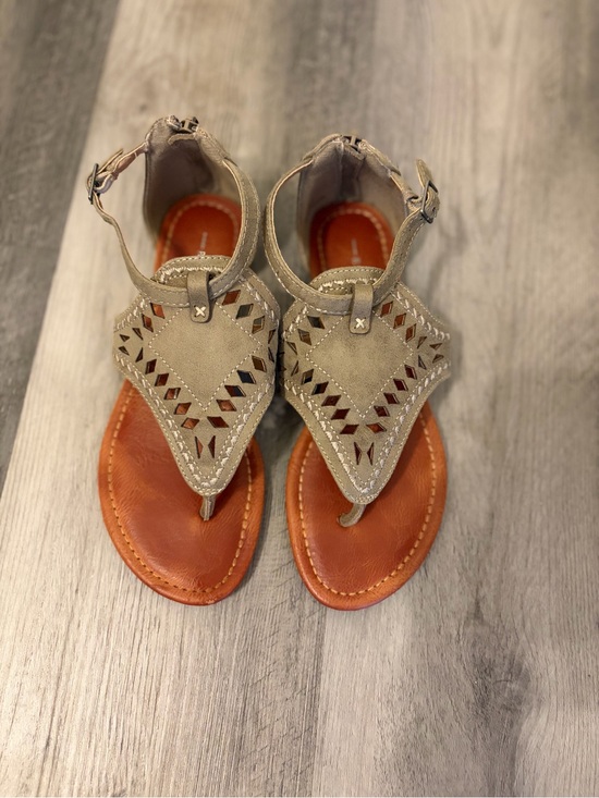 Report Shoes - Report Taupe Suede Cutout Thong Sandals with Cognac Footbed
